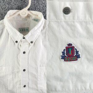 VTG IZOD White Long Sleeve Button Up Cotton Large Contrast Buttons Pocket Logo
